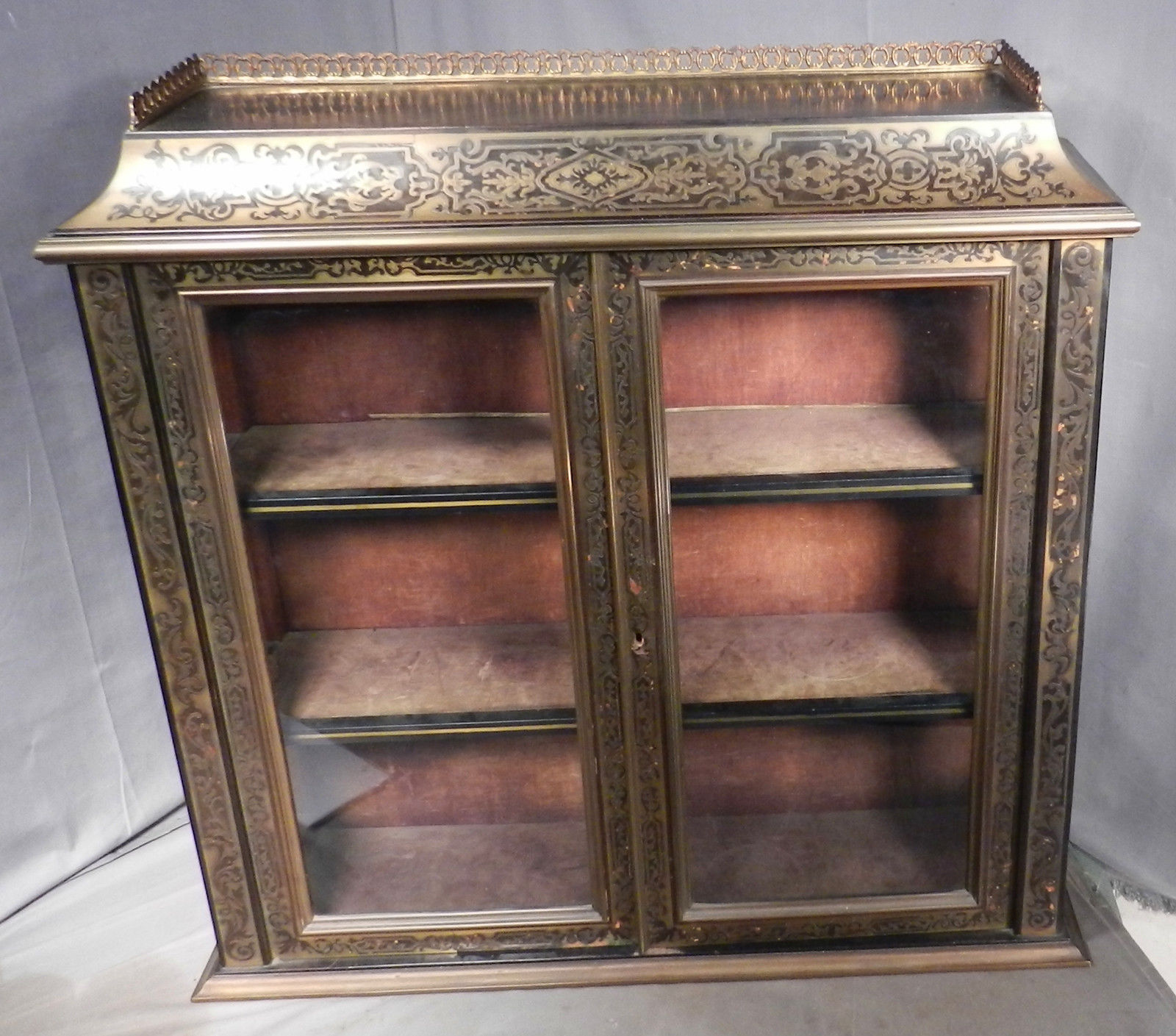 Antique French Boulle Buhl Brass Inlaid Ebony Vitrine Display Cabinet Bronze OLD