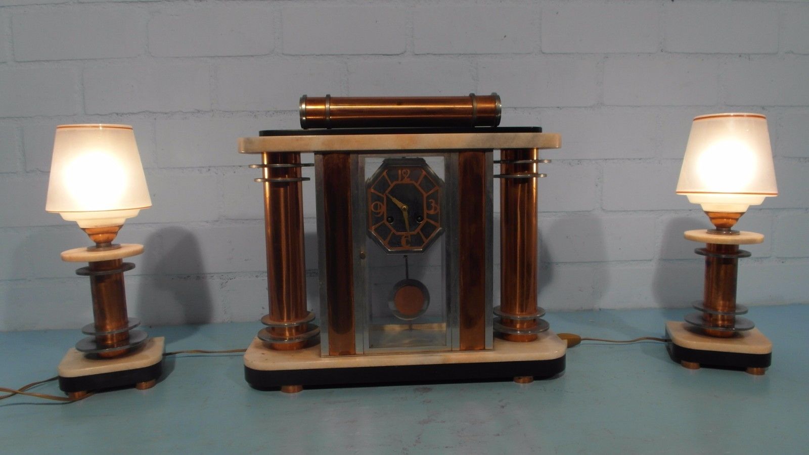 EXCLUSIVE MACHINE AGE ART DECO CLOCK SET CLOCK 2 SIDE LAMPS