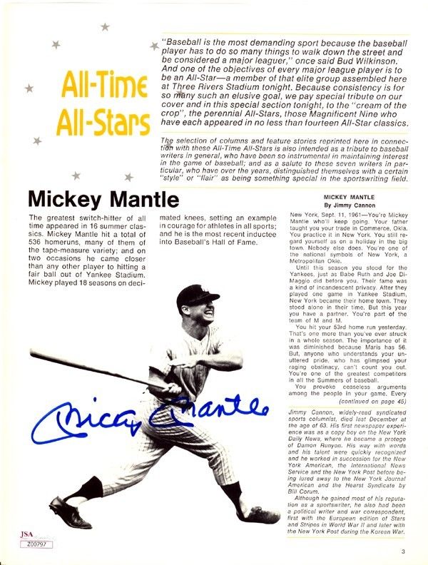 Mickey Mantle Autographed Signed 8x11 Magazine Page Photo New York Yankees JSA