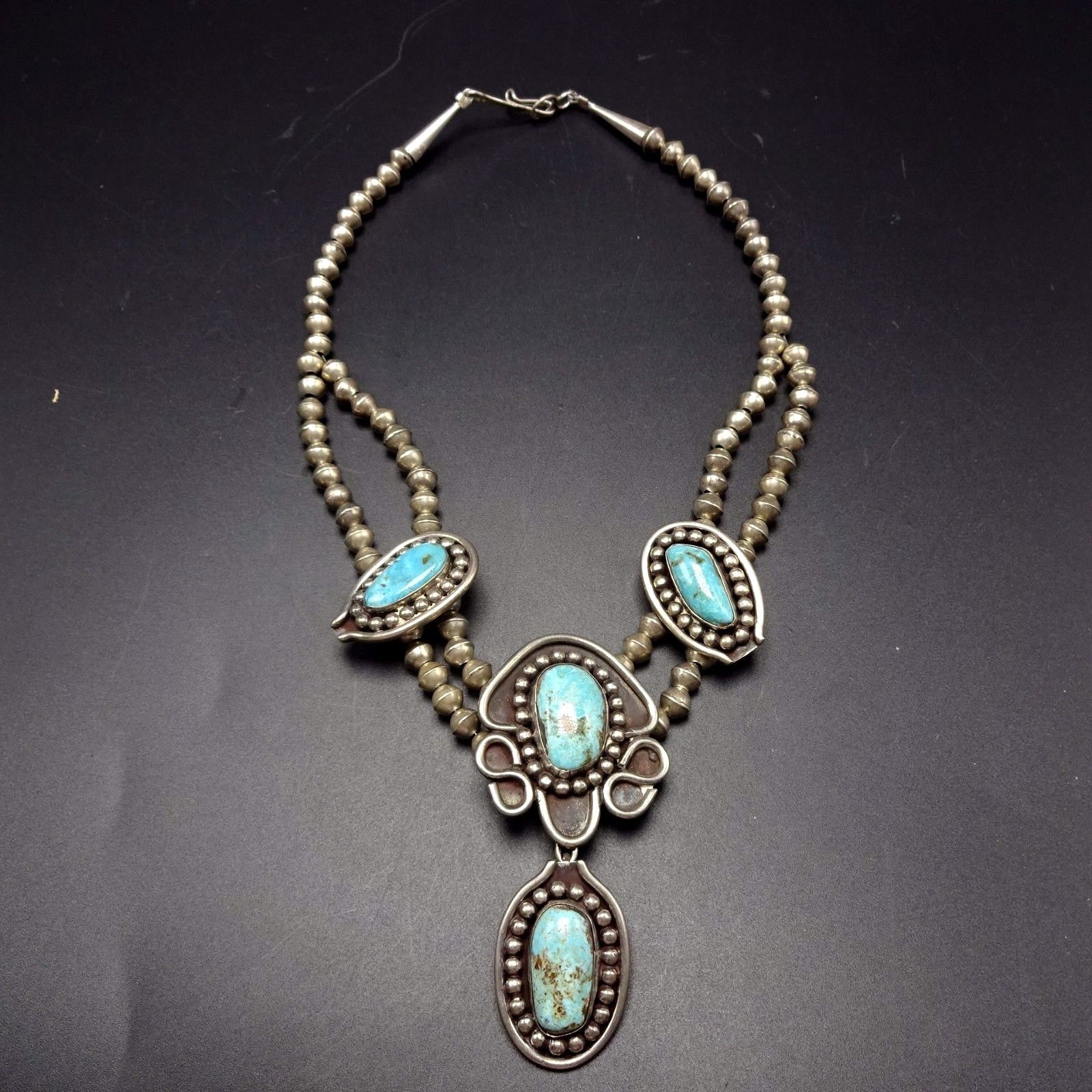 Vintage NAVAJO Sterling Silver & TURQUOISE Squash Blossom Style NECKLACE