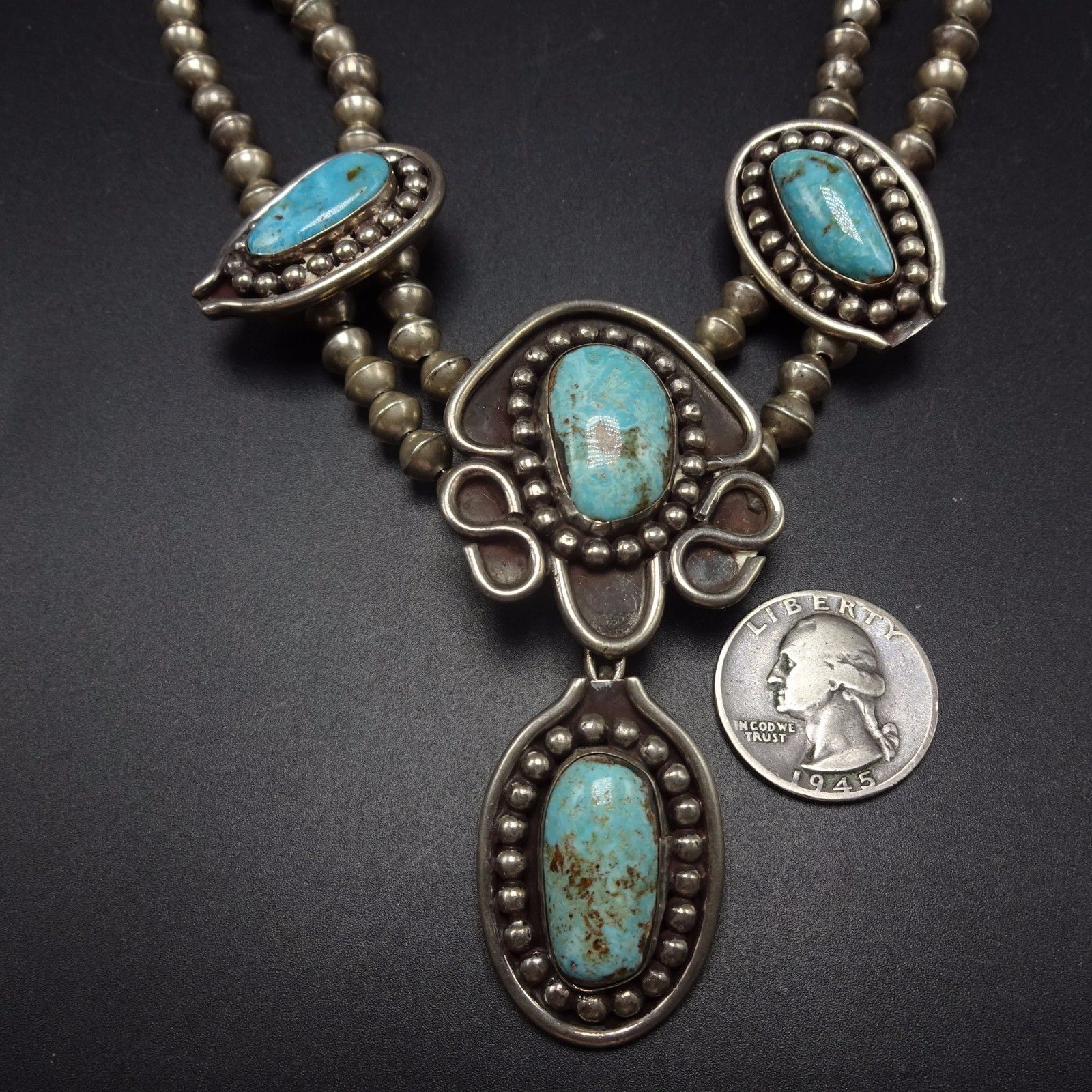 Vintage NAVAJO Sterling Silver & TURQUOISE Squash Blossom Style NECKLACE