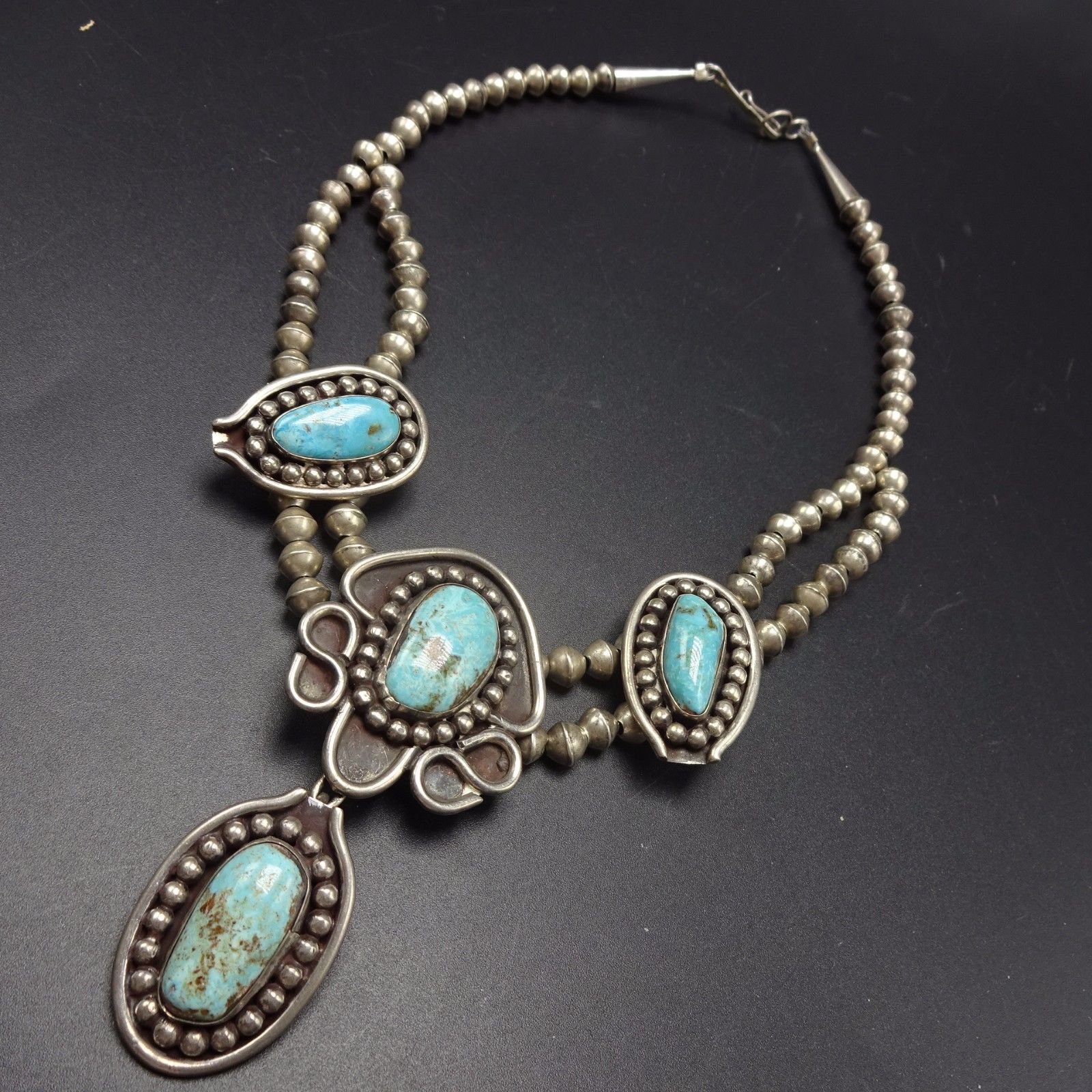 Vintage NAVAJO Sterling Silver & TURQUOISE Squash Blossom Style NECKLACE