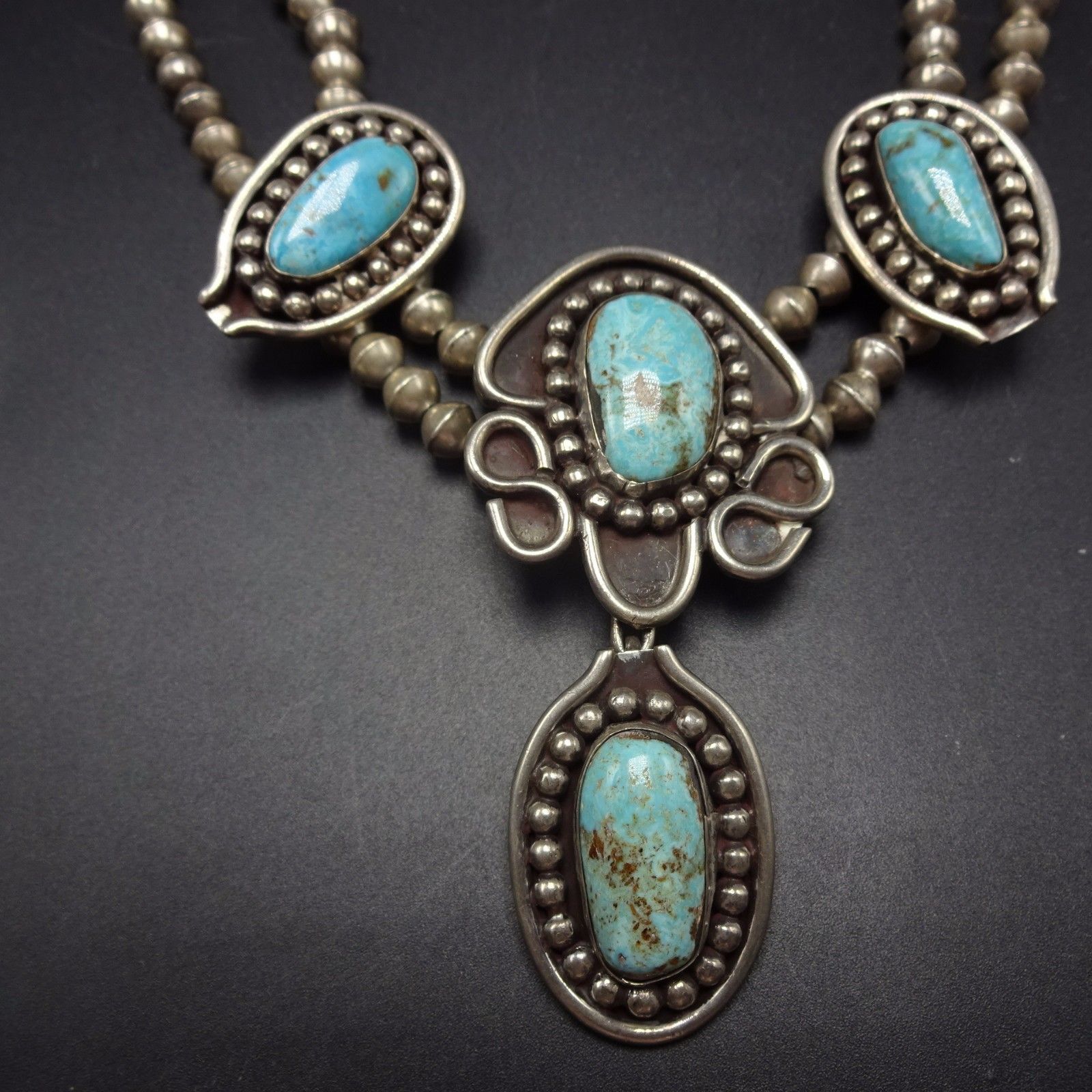 Vintage NAVAJO Sterling Silver & TURQUOISE Squash Blossom Style NECKLACE