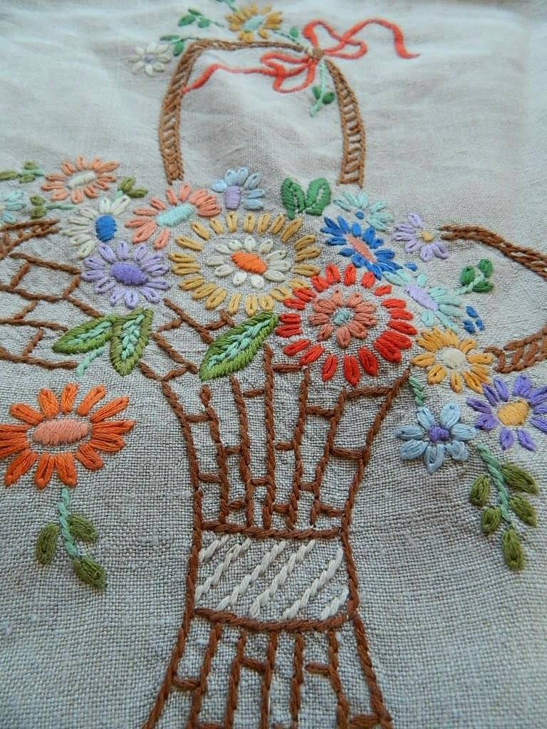 Vintage hand embroidered cream Irish linen cushion cover - flower basket