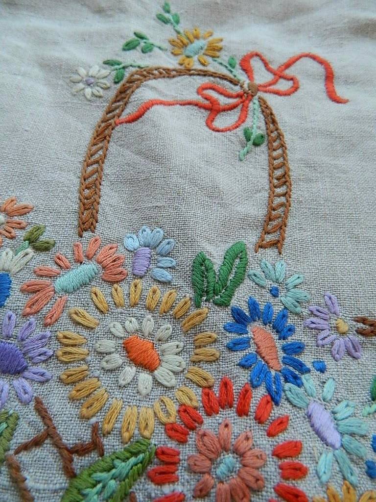 Vintage hand embroidered cream Irish linen cushion cover - flower basket