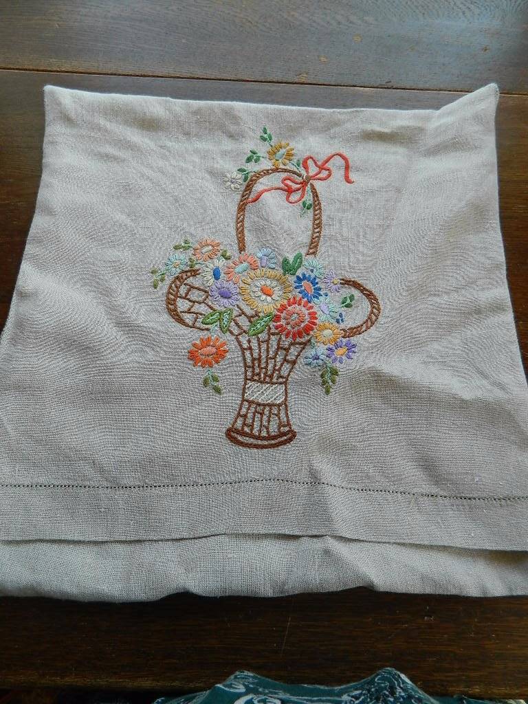 Vintage hand embroidered cream Irish linen cushion cover - flower basket