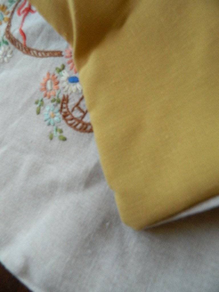 Vintage hand embroidered cream Irish linen cushion cover - flower basket