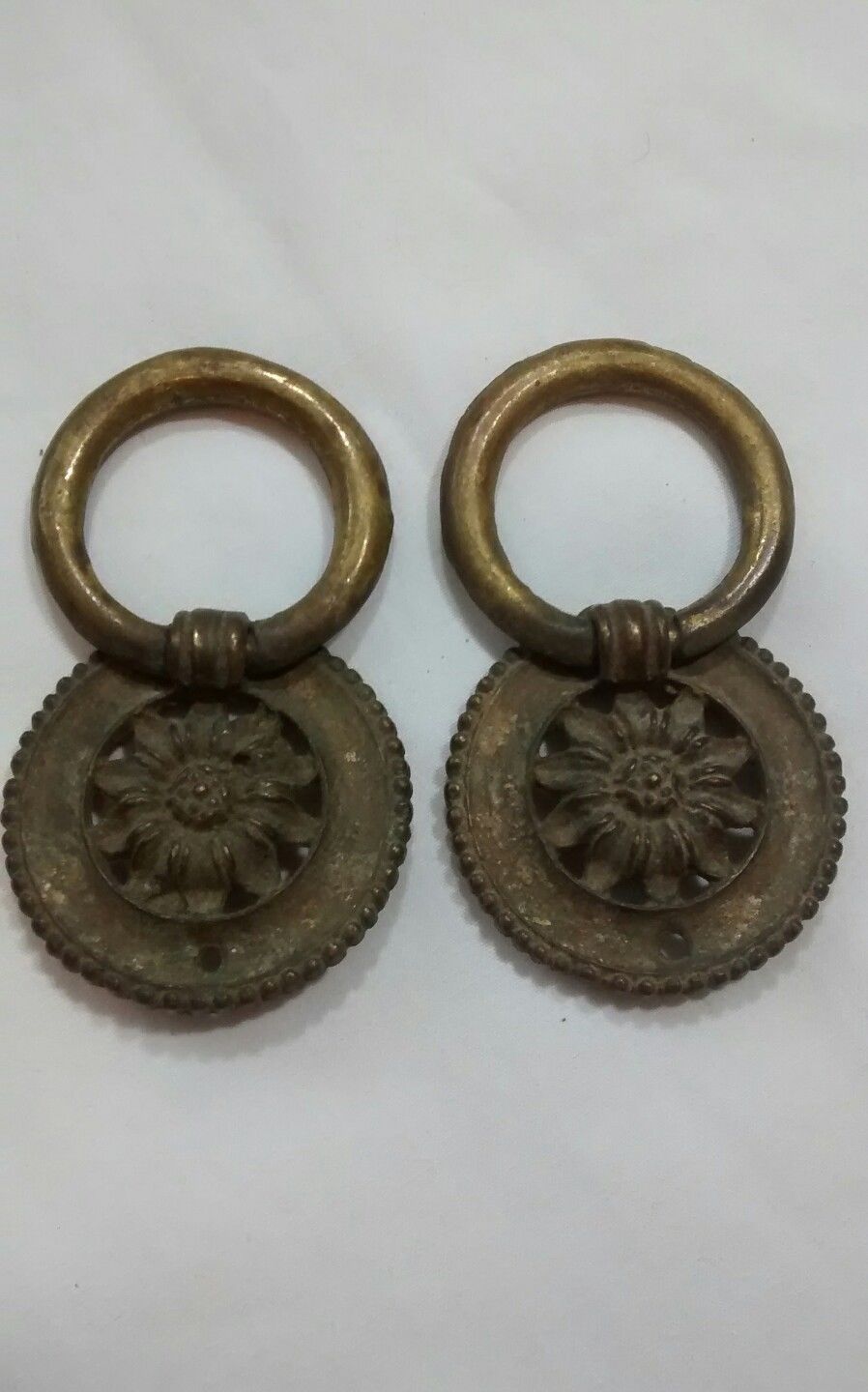 Pair Brass Sunflower Drawer Pulls Antique Architectural Salvage Hardware