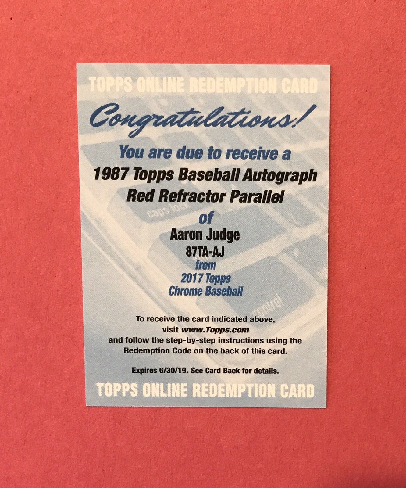 2017 Topps Chrome Aaron Judge 1987 Red Refractor Auto RC /5 - UNUSED Redemption