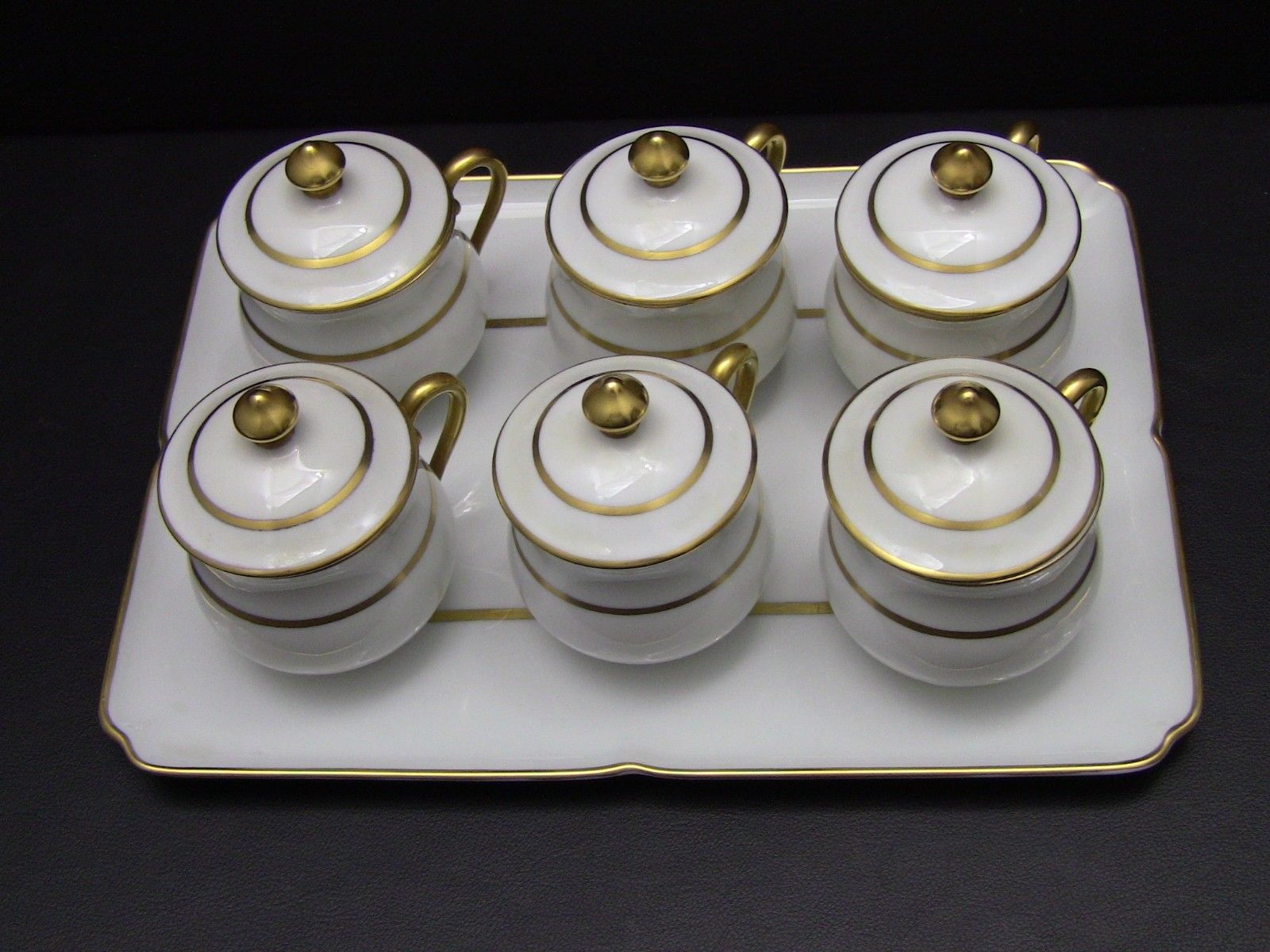 Set of 6 Limoges France Pot De Creme Cups with Tray - White with Gold Trim