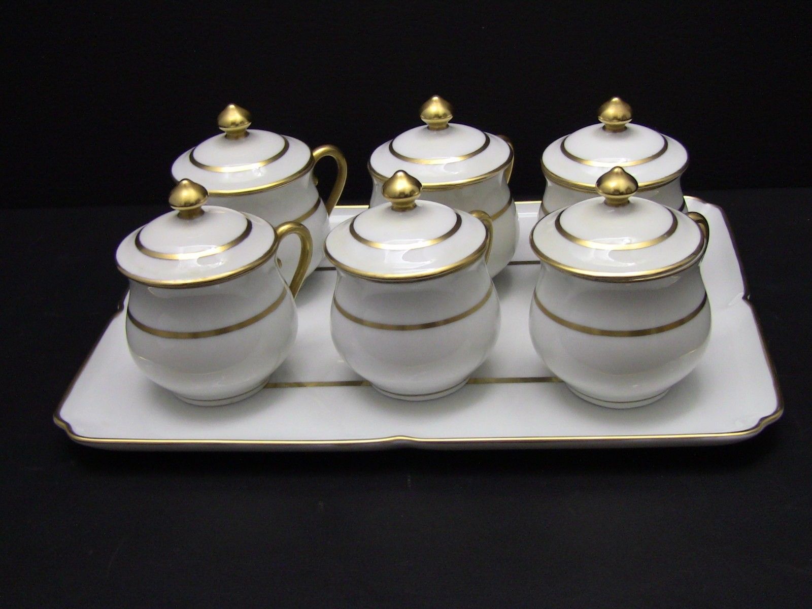 Set of 6 Limoges France Pot De Creme Cups with Tray - White with Gold Trim