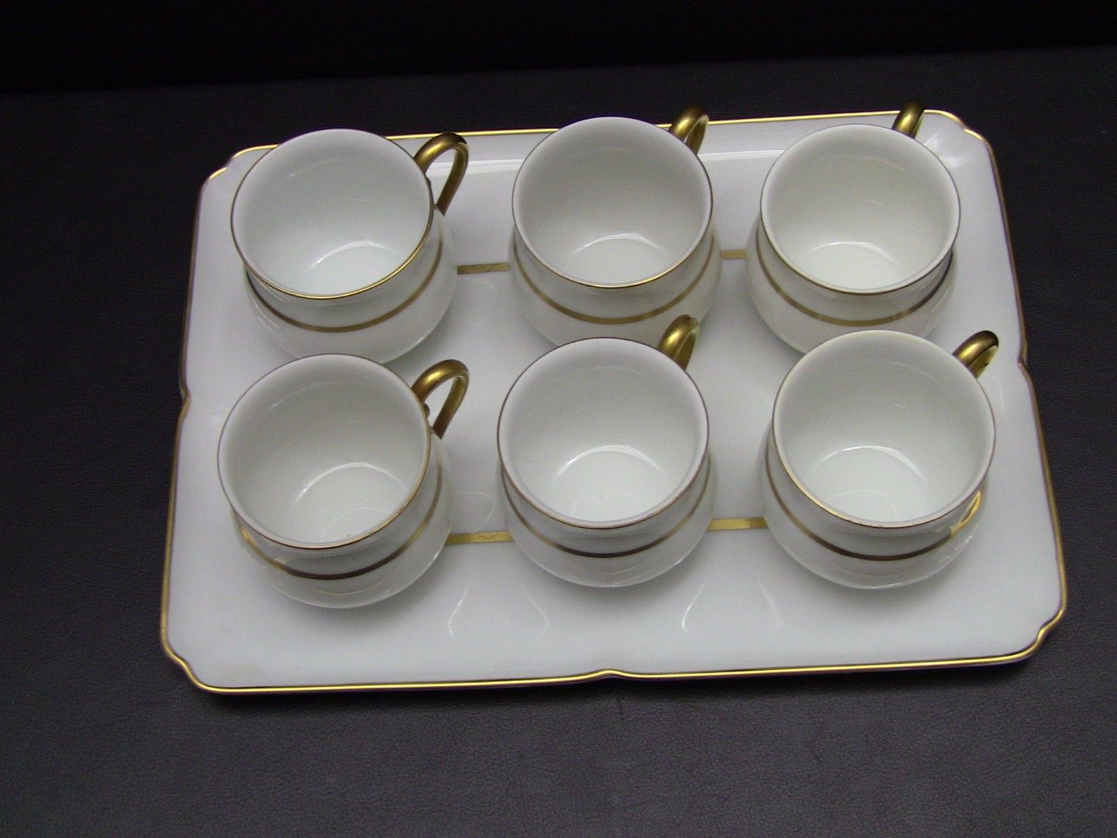 Set of 6 Limoges France Pot De Creme Cups with Tray - White with Gold Trim