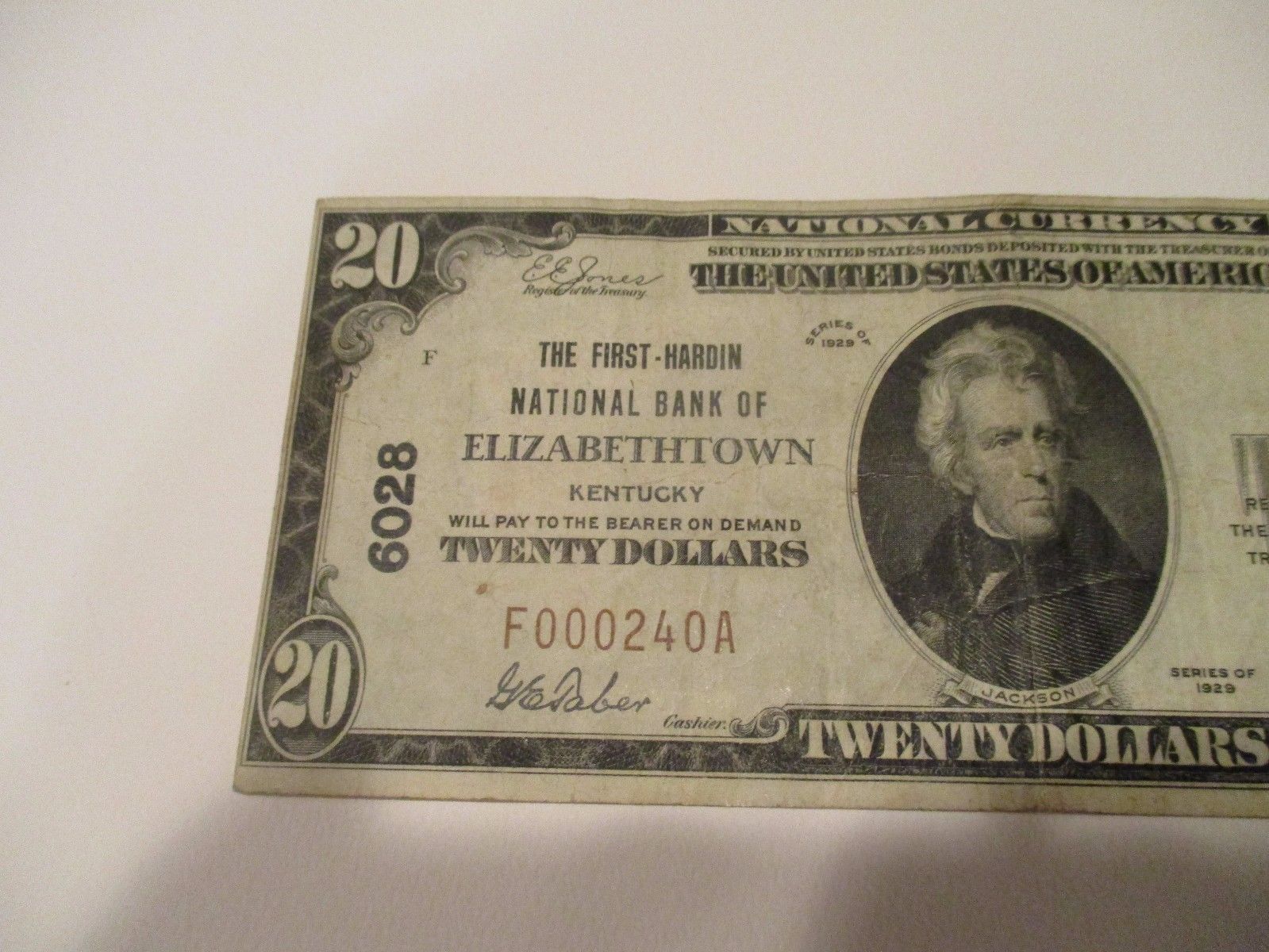 1929 - $20 The First Harding National Bank of Elizabethtown, Kentucky – Rare