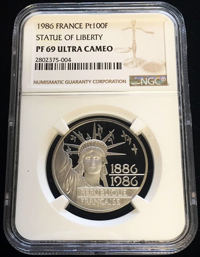 1986 PLATINUM FRANCE 100 FRANCS STATUE OF LIBERTY COIN NGC PROOF 69 ULTRA CAMEO