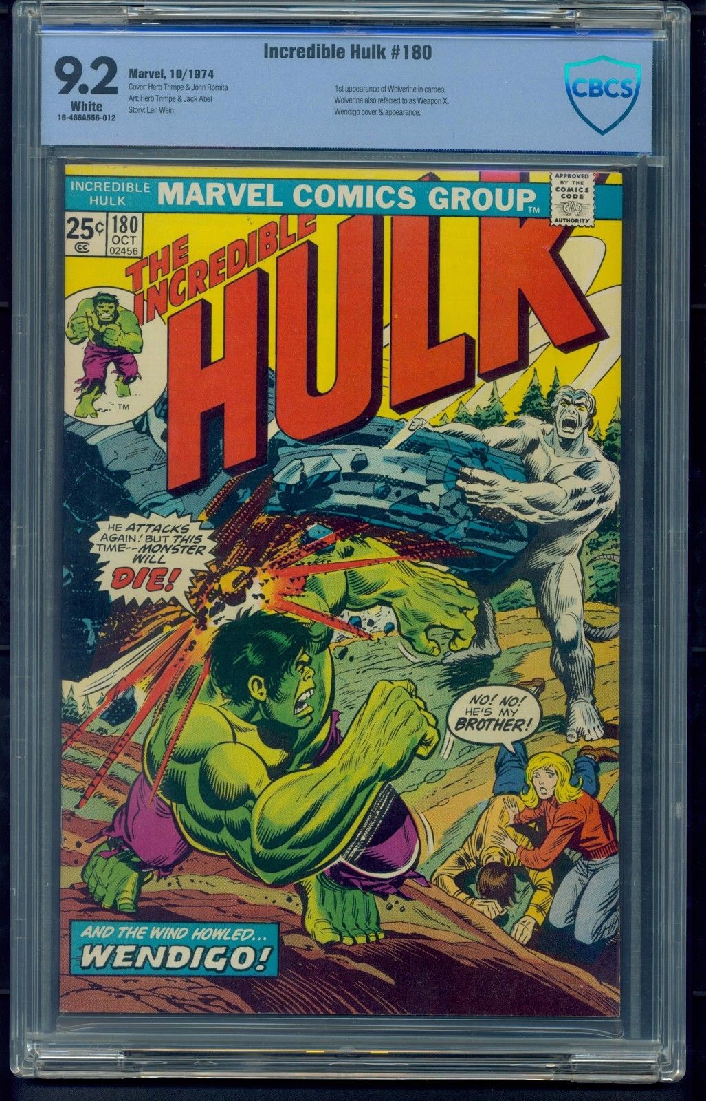 Incredible Hulk #180 (1974) CBCS Graded 9.2 ~ 1st App Cameo Wolverine ~ Not CGC