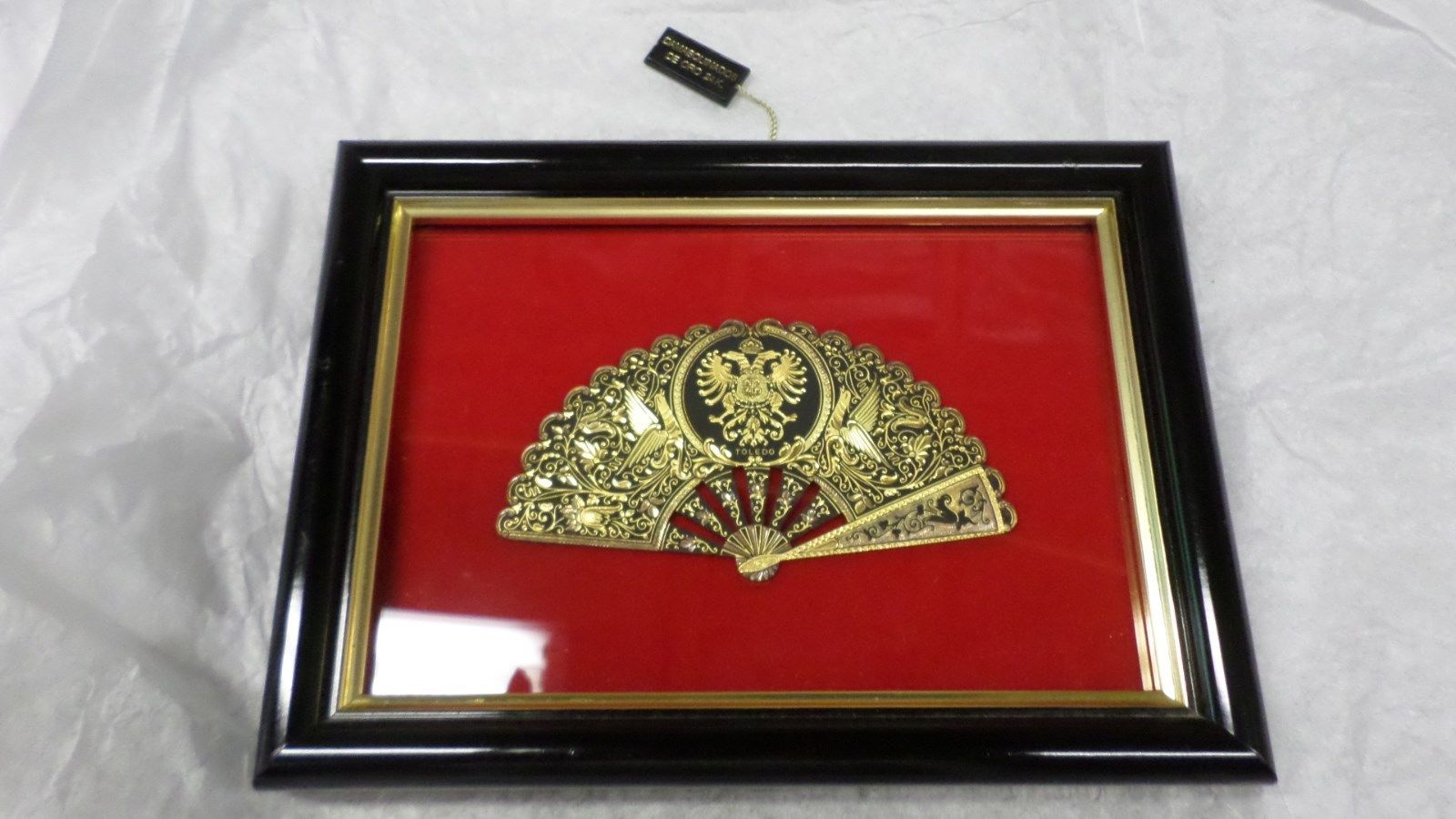 2229M Vtg Spanish Damascene 24K Gold Inlaid Fan 6x8 Picture ANFRAMA TOLEDO EXC !