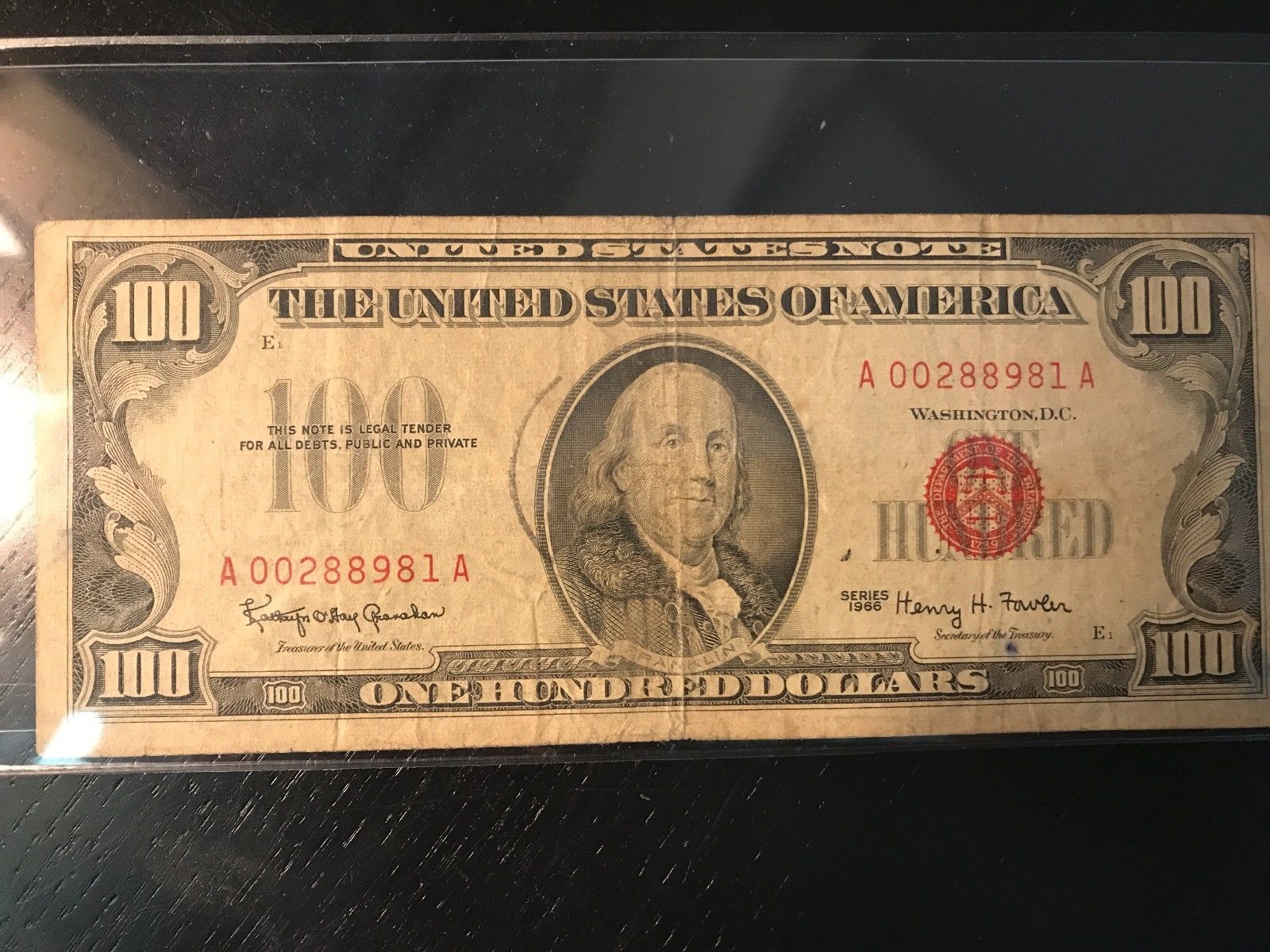 1966 $100 UNITED STATES NOTE - RED SEAL - LOWER GRADE