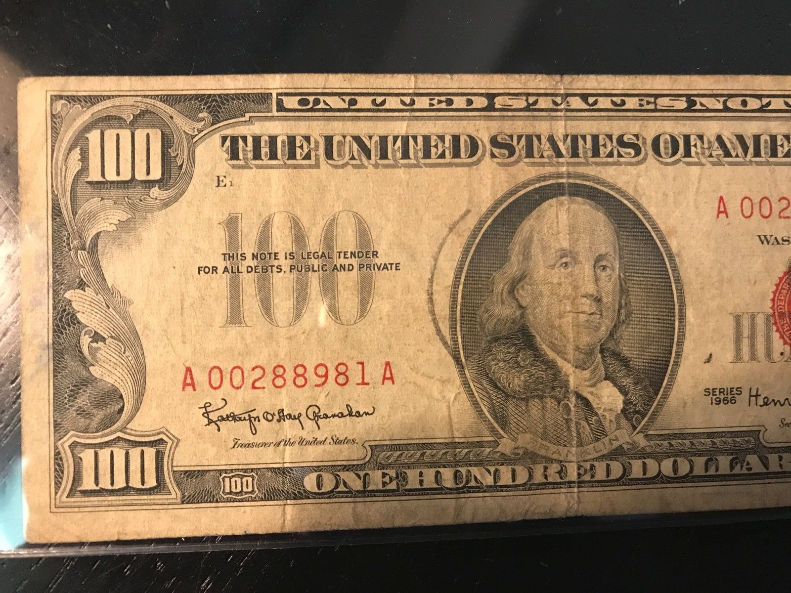 1966 $100 UNITED STATES NOTE - RED SEAL - LOWER GRADE