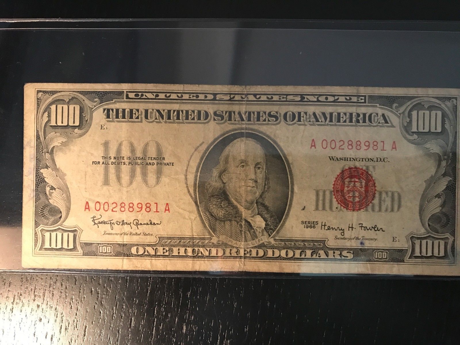 1966 $100 UNITED STATES NOTE - RED SEAL - LOWER GRADE