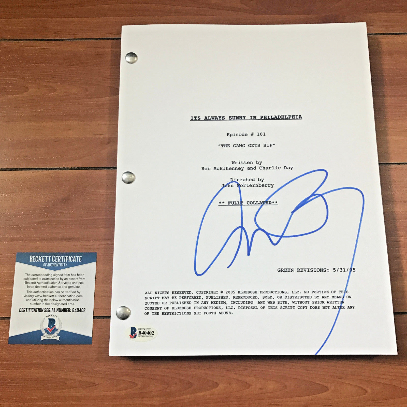 CHARLIE DAY SIGNED IT'S ALWAYS SUNNY IN PHILADELPHIA PILOT SCRIPT BECKETT COA