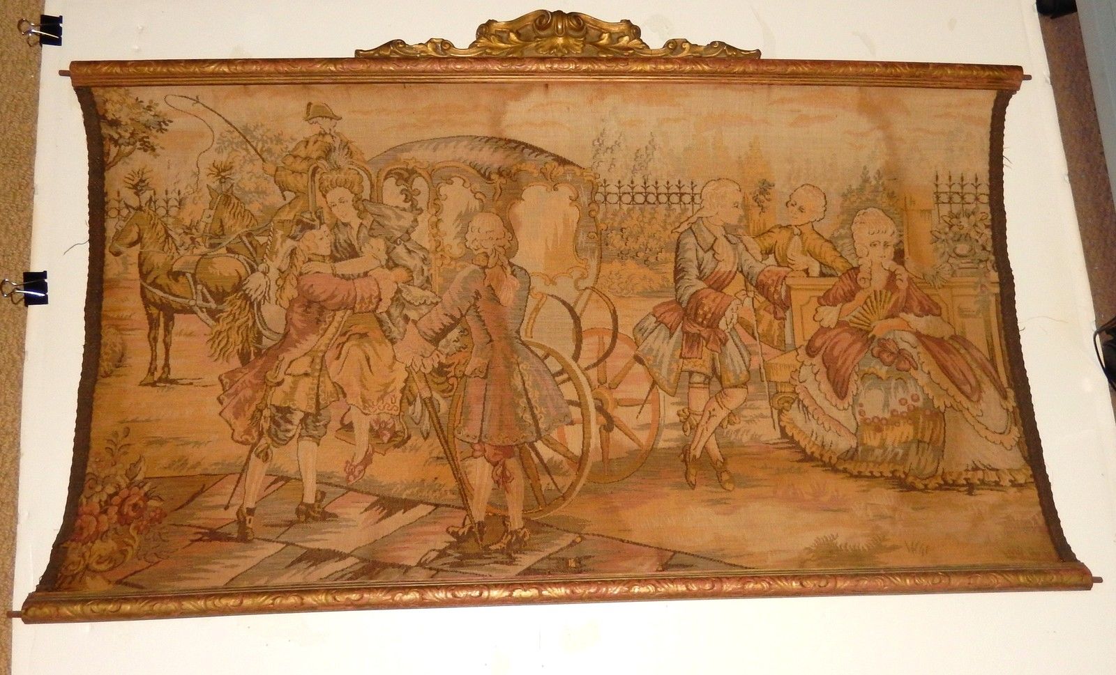 OLD 19TH CENTURY SILK EMBOSSED HIGH SOCIETY MAN & WOMAN TAPESTRY PAINTING