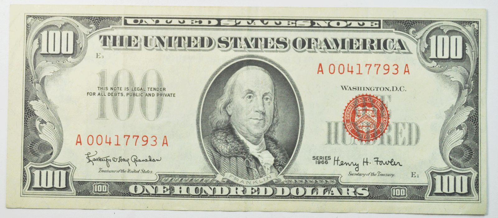 1966 $100 United States Legal Tender Note Red Seal One Hundred A00417793A Rare