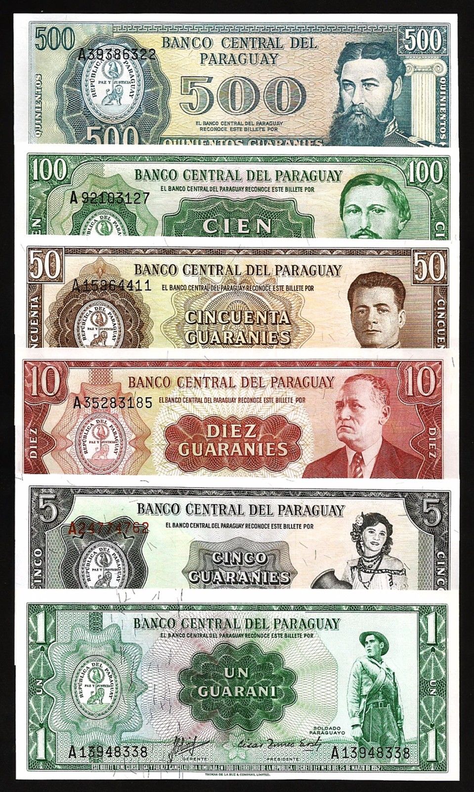 PARAGUAY 6 PCS ALL UNCIRCULATED SET 1 5 10 50 100 500 GUARANIES 1952