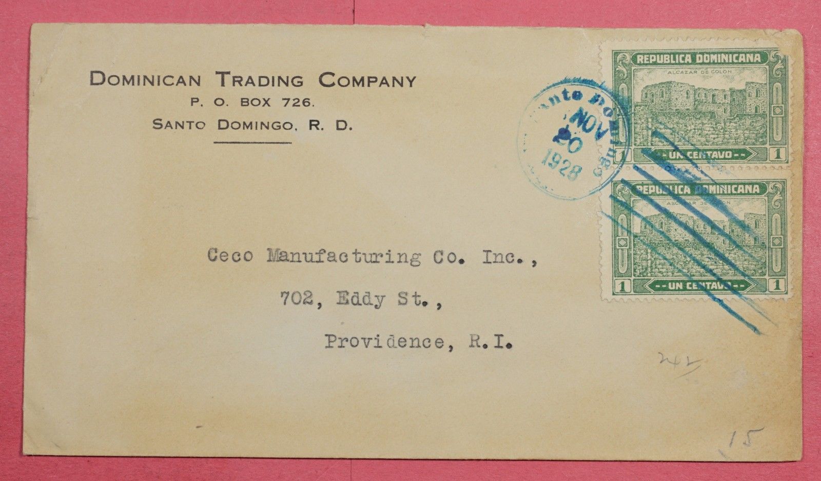 1928 DOMINICAN REPUBLIC BI-FRANKED COVER TO USA