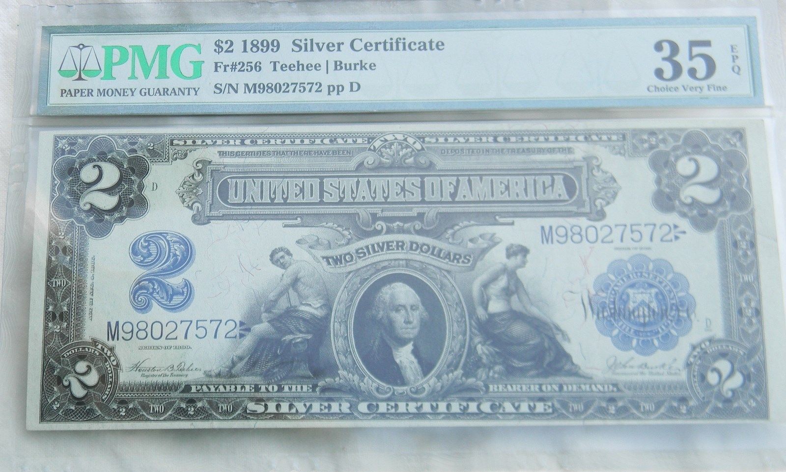 USA: large 1899 $2 Silver Certificate Teehee/Burke Fr-256; PMG EPQ 35 Choice VF