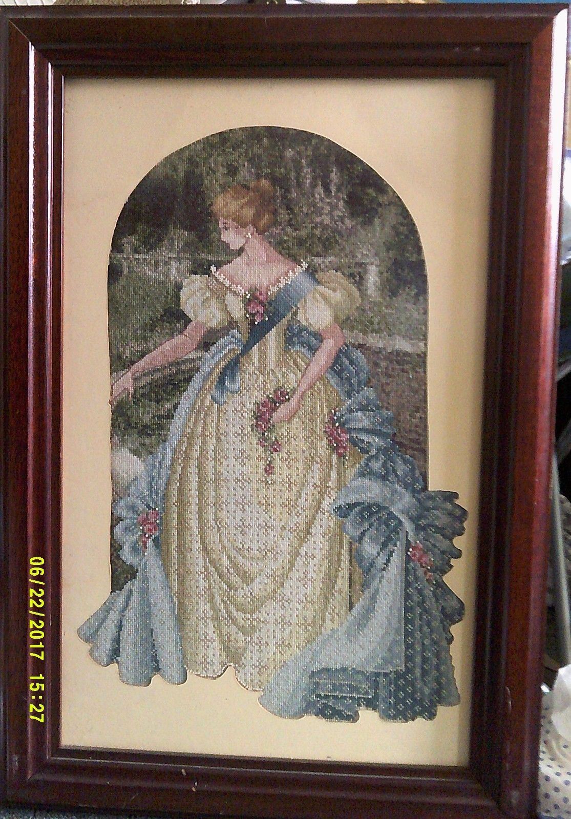 Framed Embroidery of a Lady in Large Old Dress In the Garden