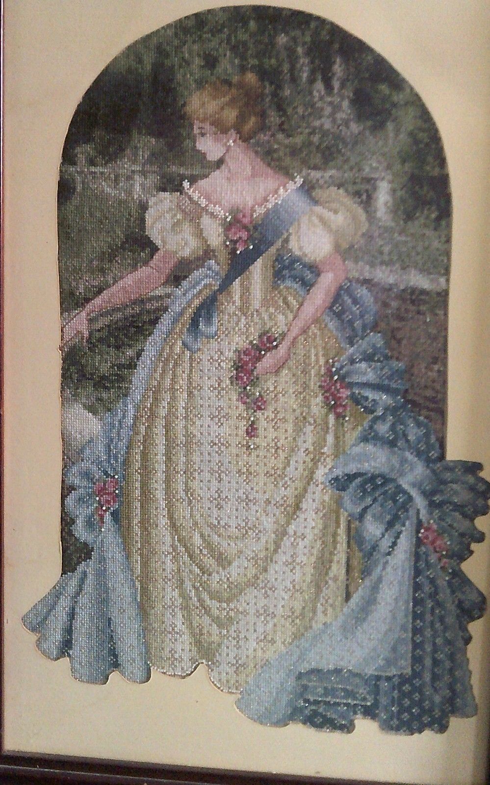 Framed Embroidery of a Lady in Large Old Dress In the Garden