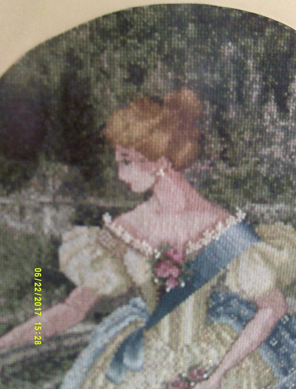 Framed Embroidery of a Lady in Large Old Dress In the Garden