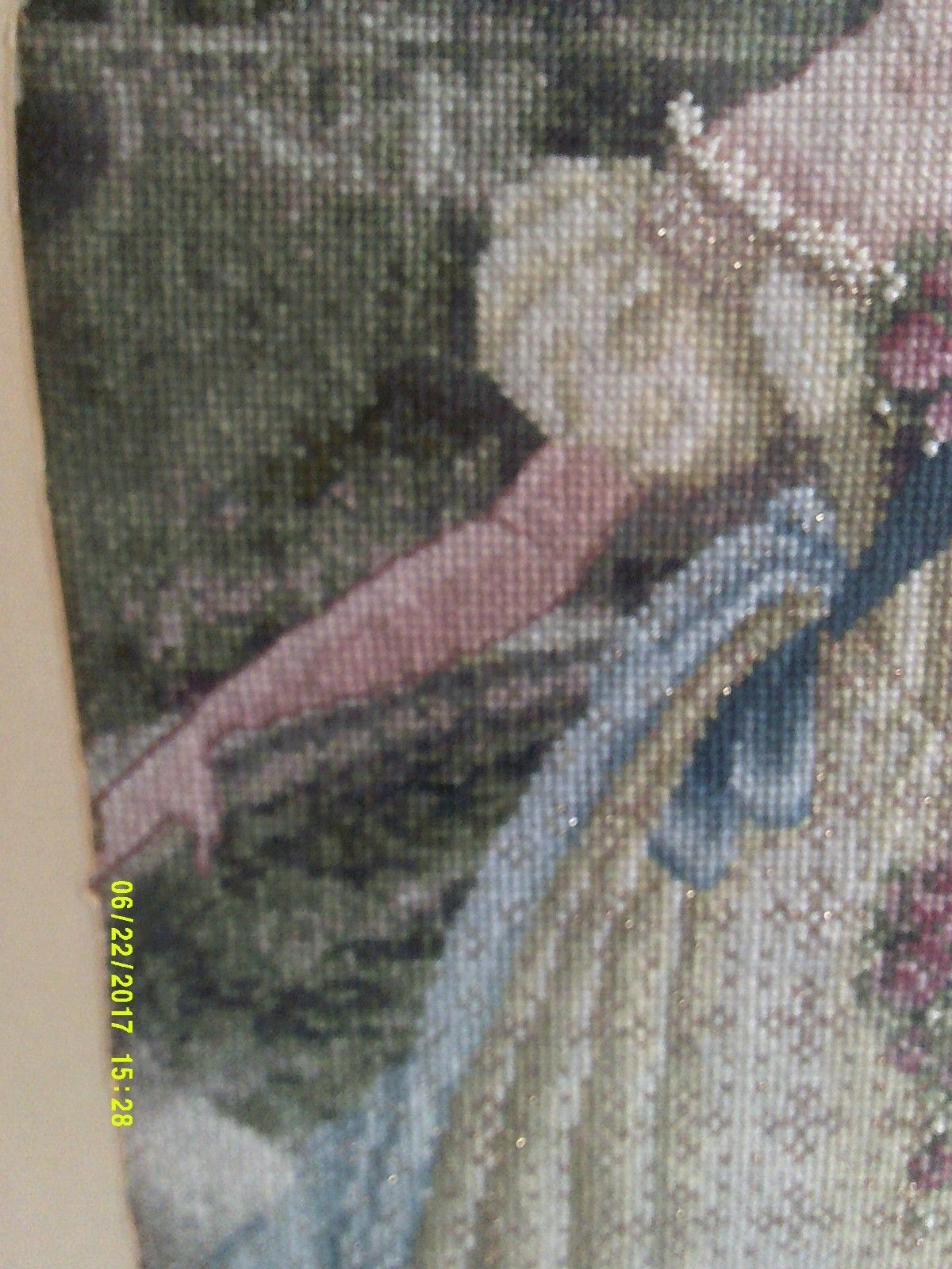 Framed Embroidery of a Lady in Large Old Dress In the Garden