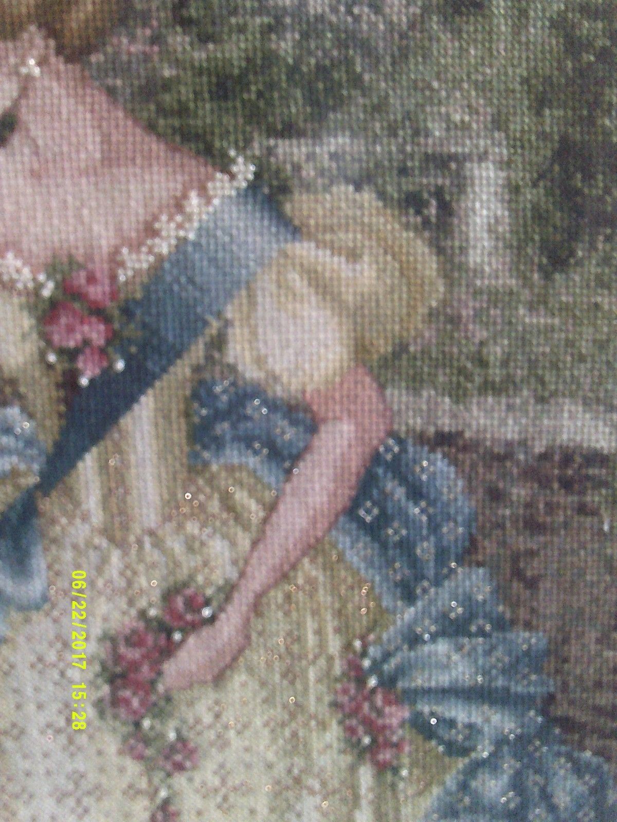 Framed Embroidery of a Lady in Large Old Dress In the Garden