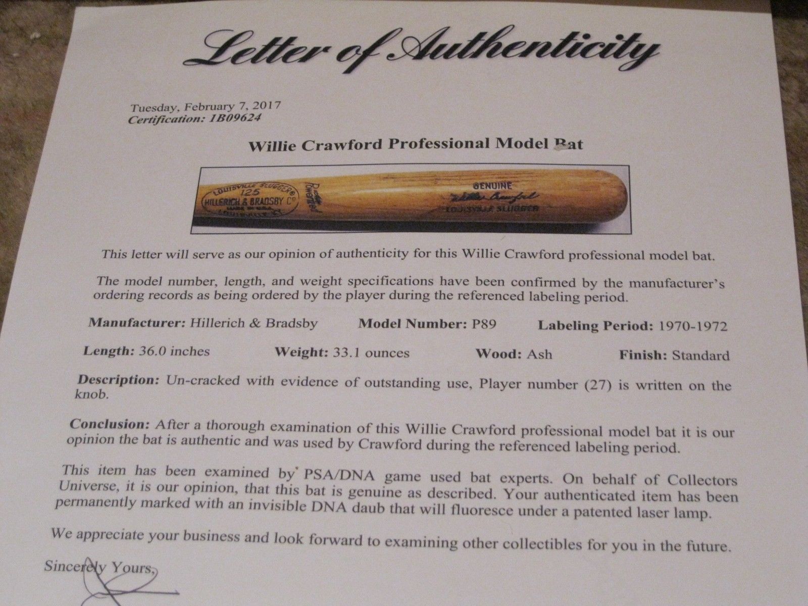 Willie Crawford Game Used Hillerich & Bradsby Baseball Bat PSA Certified