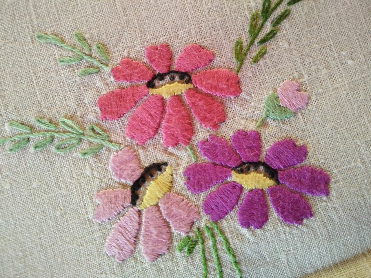 Gorgeous Vintage Hand Embroidered Tablecloth ~ Pink/Purple Daisy Flowers