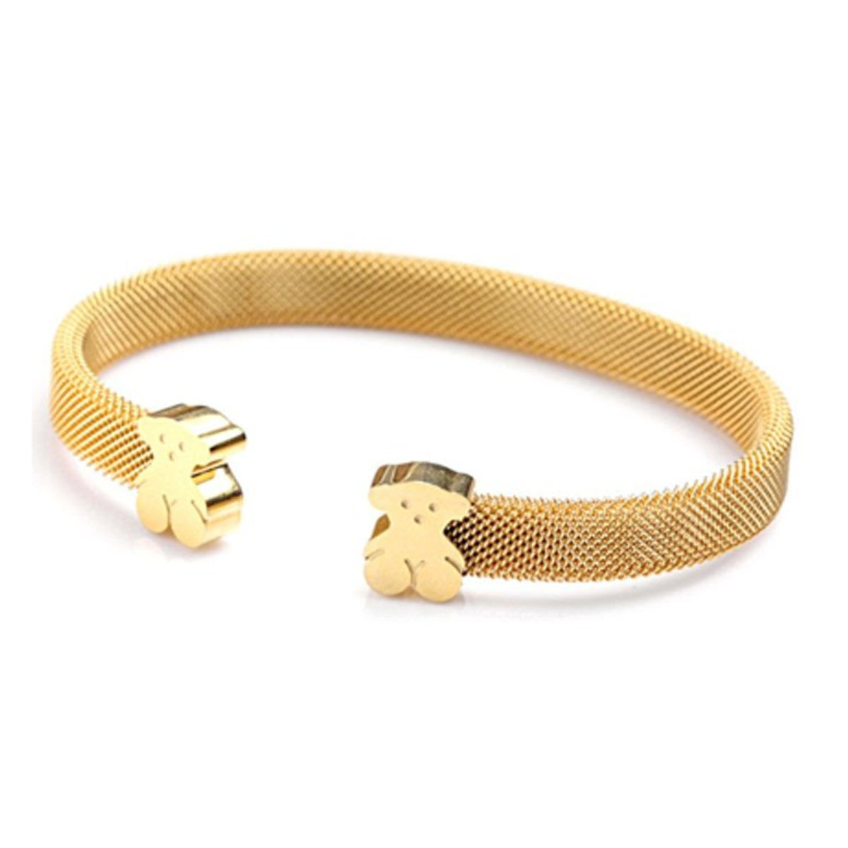 New Women's Silver Gold Stainless Steel Bear Clasp Cable Mesh Open Cuff Bracelet