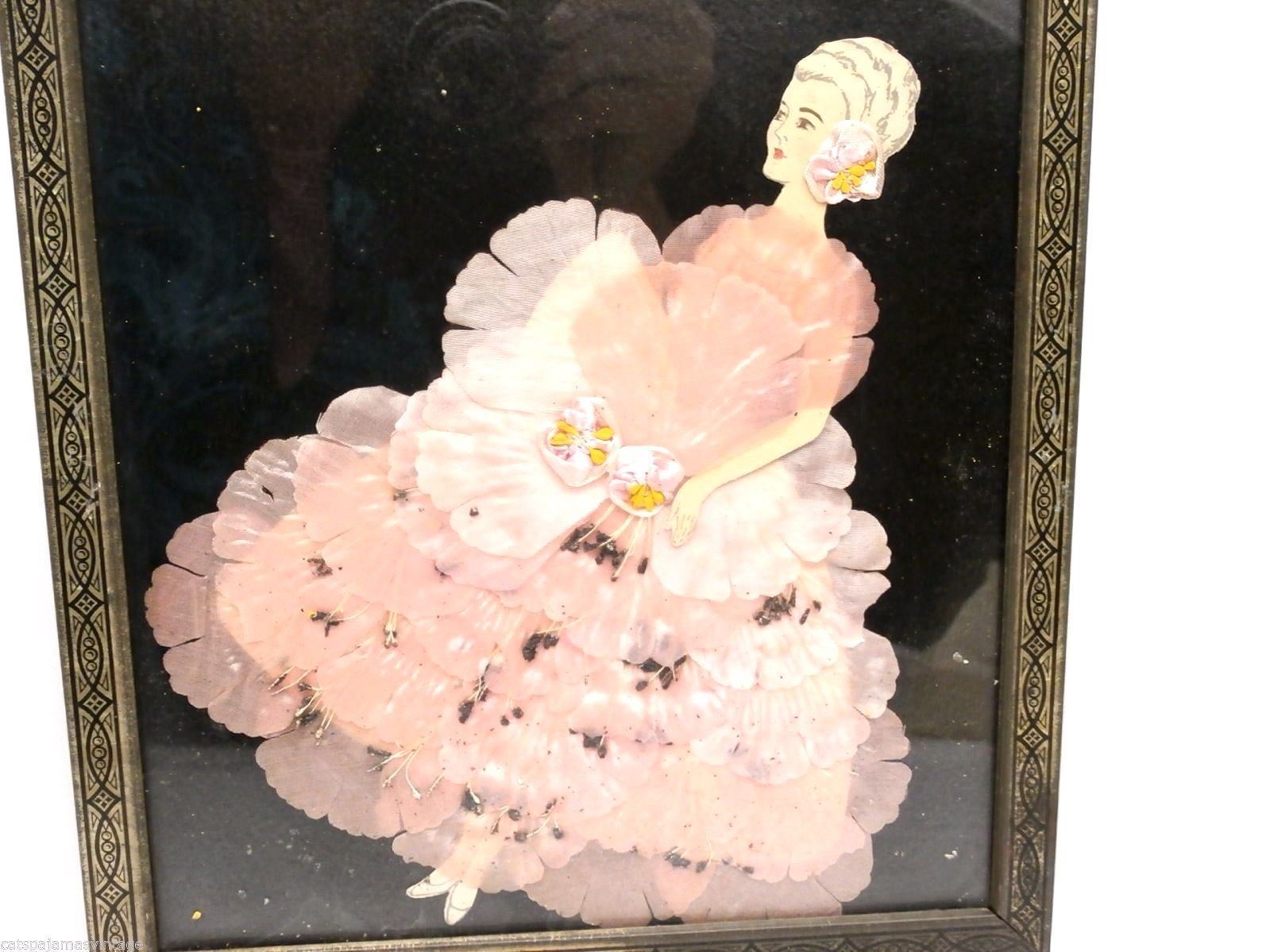 Vtg Ribbon Doll Framed PAPER DOLL Silk Peach Flower Dress 1930s Boudoir Art Deco