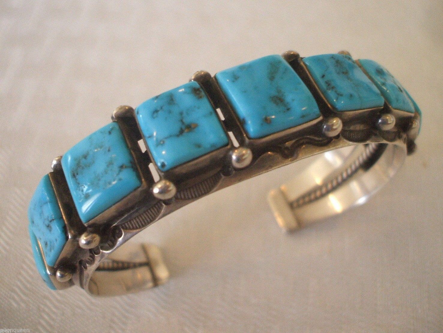 Vintage NAVAJO Stamped Sterling Silver & Square Cabs of Turquoise CUFF BRACELET