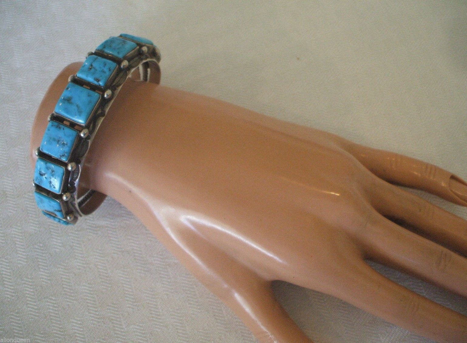 Vintage NAVAJO Stamped Sterling Silver & Square Cabs of Turquoise CUFF BRACELET