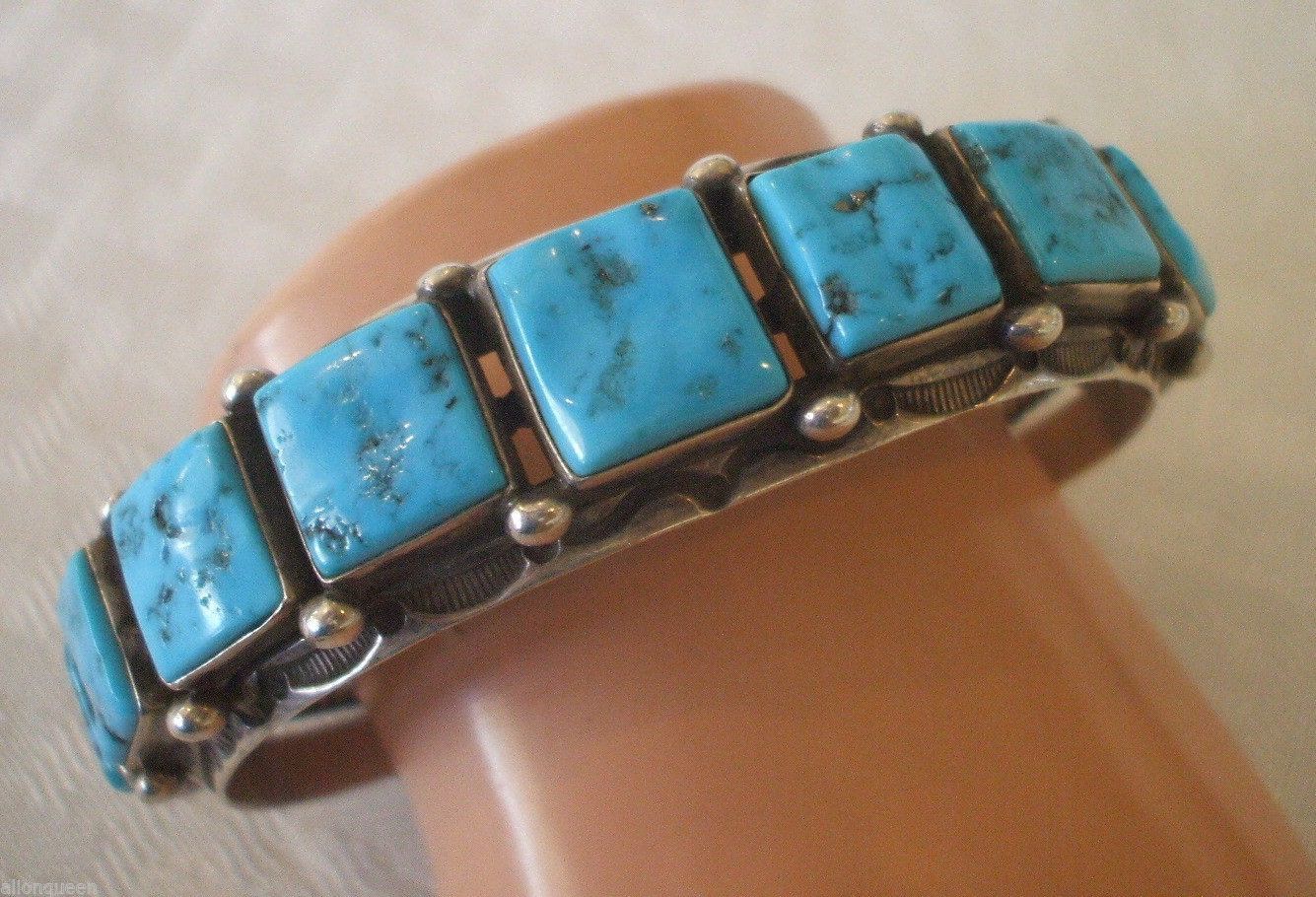 Vintage NAVAJO Stamped Sterling Silver & Square Cabs of Turquoise CUFF BRACELET