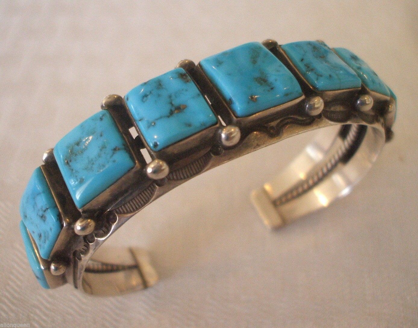 Vintage NAVAJO Stamped Sterling Silver & Square Cabs of Turquoise CUFF BRACELET