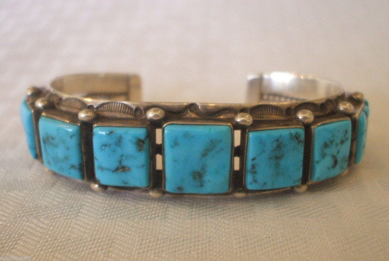 Vintage NAVAJO Stamped Sterling Silver & Square Cabs of Turquoise CUFF BRACELET