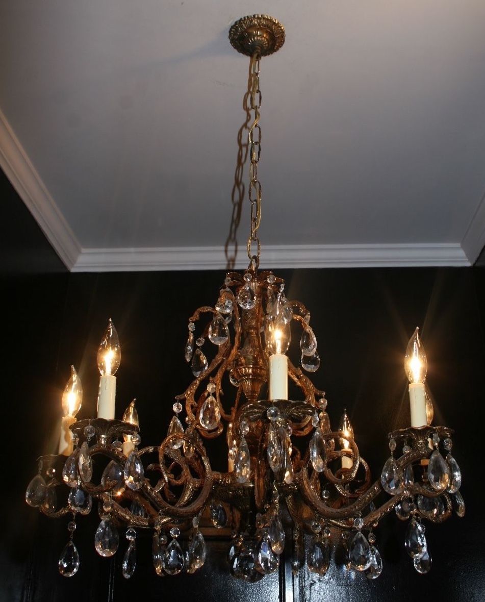 Antique 1970s large brass pineapple glass crystal ceiling chandelier Spain