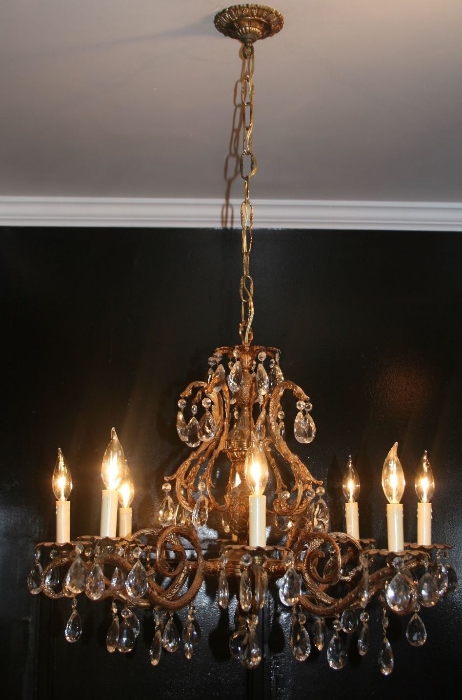 Antique 1970s large brass pineapple glass crystal ceiling chandelier Spain