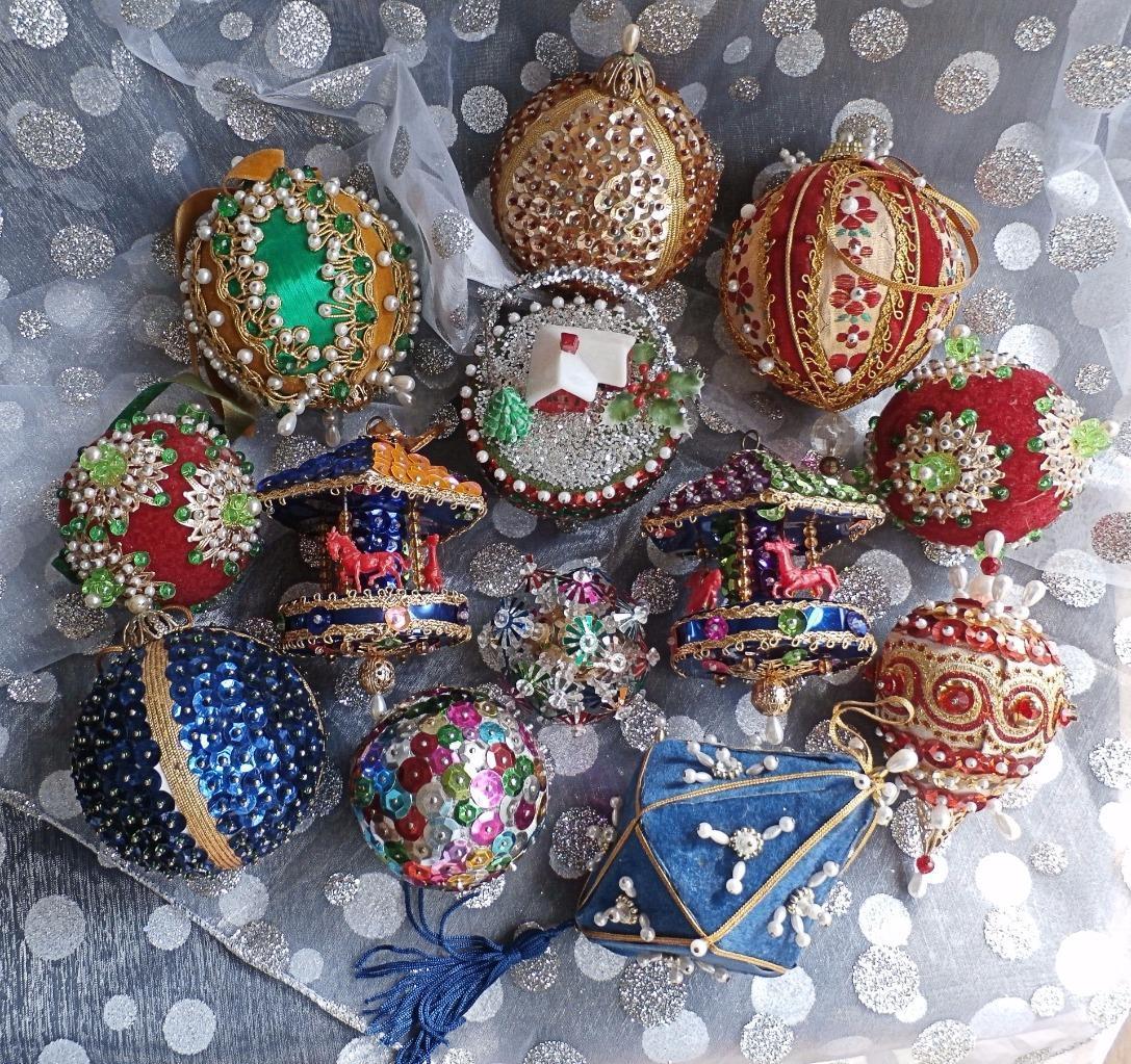 Vintage Hand Made Satin & Velvet Beaded Sequins Christmas Ornaments ~ Lot of 13