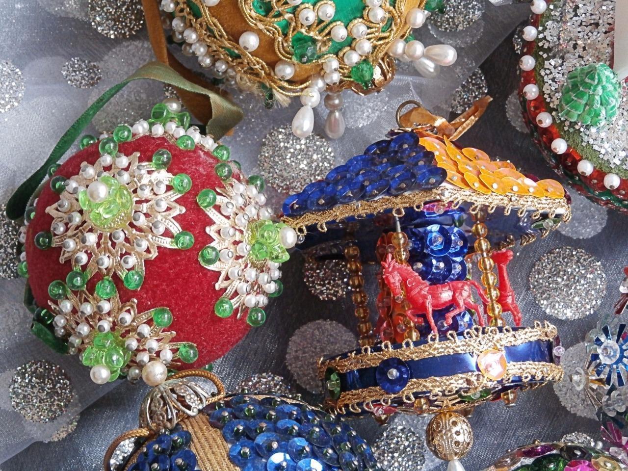 Vintage Hand Made Satin & Velvet Beaded Sequins Christmas Ornaments ~ Lot of 13