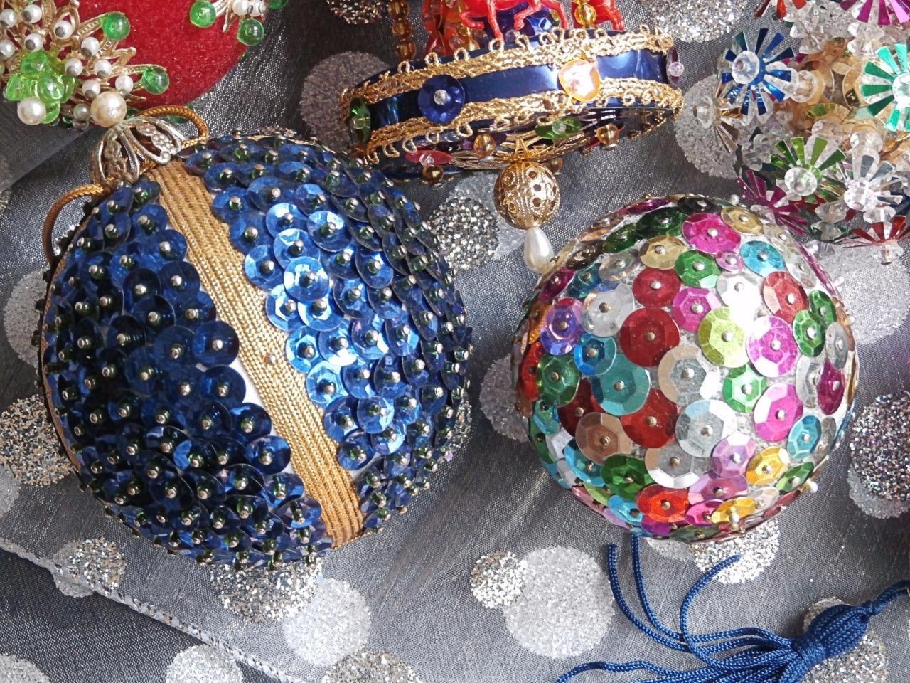 Vintage Hand Made Satin & Velvet Beaded Sequins Christmas Ornaments ~ Lot of 13