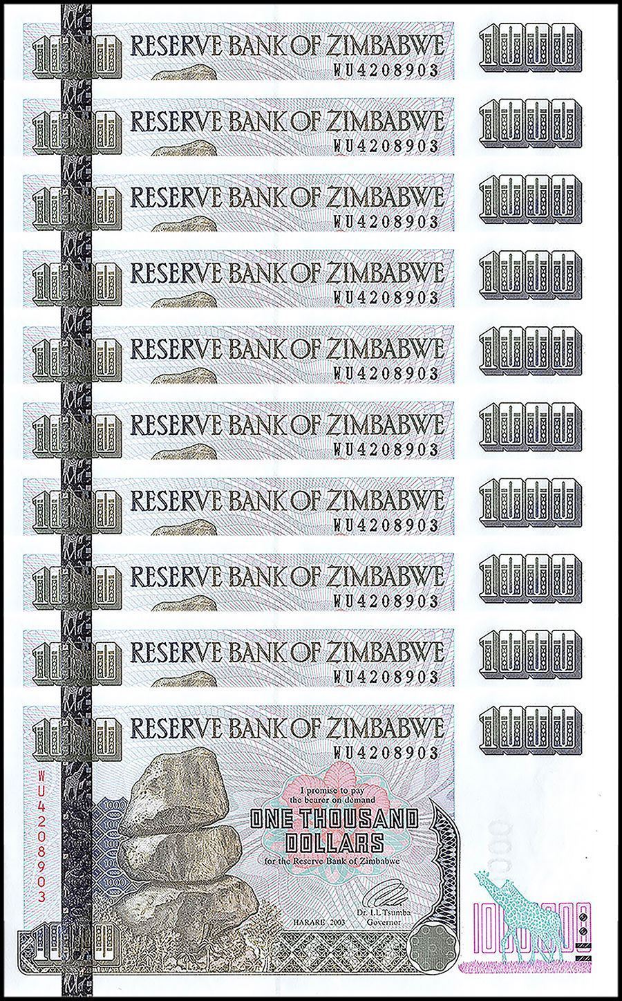 Zimbabwe 1,000 (1000) Dollars X 10 Pieces (PCS), 2003, P-12b,UNC,Pre 100 Trillon