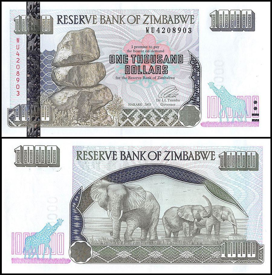 Zimbabwe 1,000 (1000) Dollars X 10 Pieces (PCS), 2003, P-12b,UNC,Pre 100 Trillon